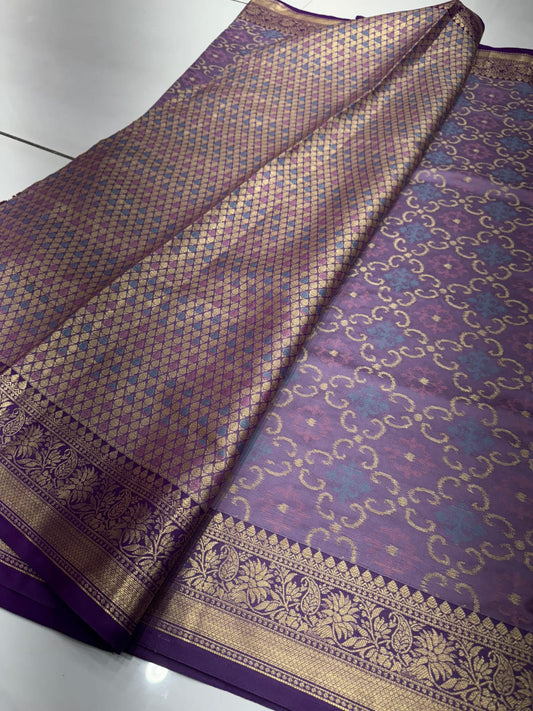 Premium Tanchoy Silk Weaving Saree – Onion Purple Single Color | Luxury Festive Collection