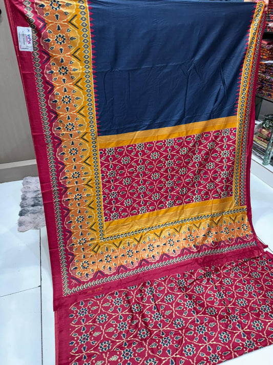 Vipul Premium Patola Print Soft Muga Silk Saree with Contrast Border