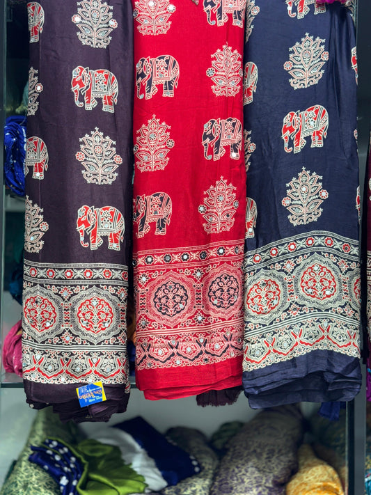 Traditional Ajrakh Printed Saree with Zari Pallu & Elephant Motifs | Mirror Work