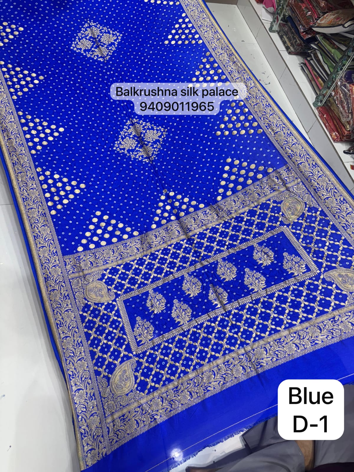Blue Luxury Hand-Tied Bandhej Silk Saree with Traditional Jangla Design D1