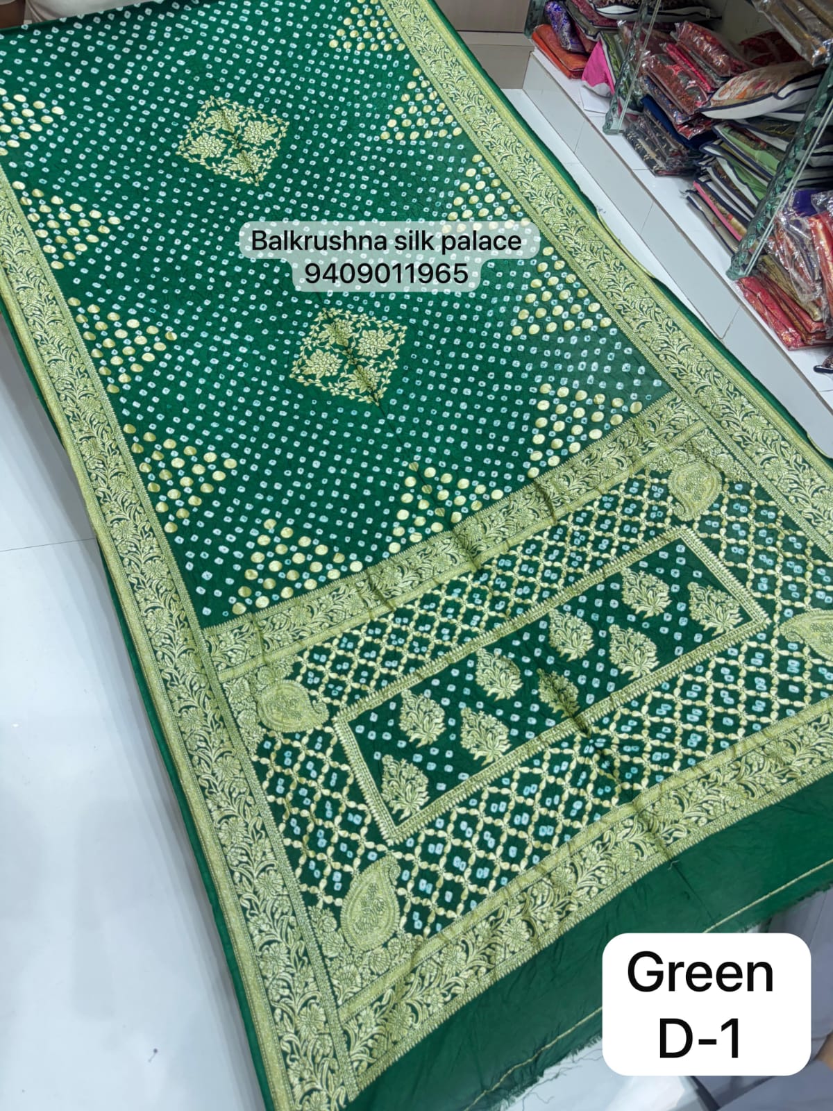 Green Luxury Hand-Tied Bandhej Silk Saree with Traditional Jangla Design D1