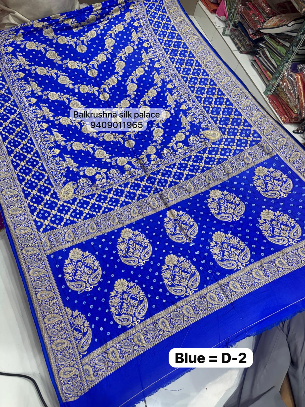 Blue Wine Original Hand-Tied Bandhej Silk Saree with Traditional Neem Zari Border D2