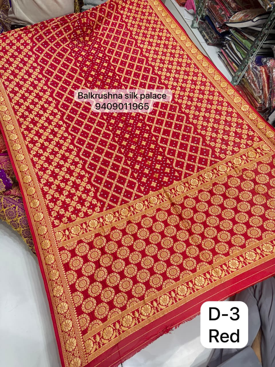 Red Wine Traditional Hand-Tied Bandhej Saree with Geometric Zari Lattice Work D3