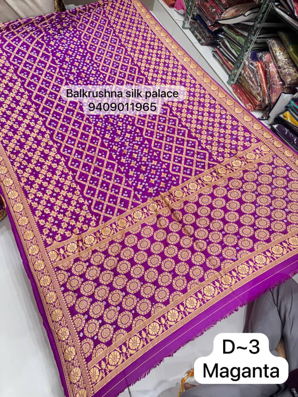 Magenta Wine Traditional Hand-Tied Bandhej Saree with Geometric Zari Lattice Work D3