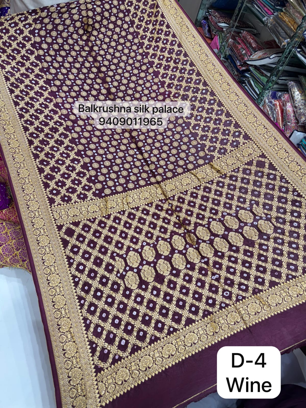 Bit Wine Premium Hand Bandhej Silk Saree with Woven Zari Diamond Jaal & Floral Border D4