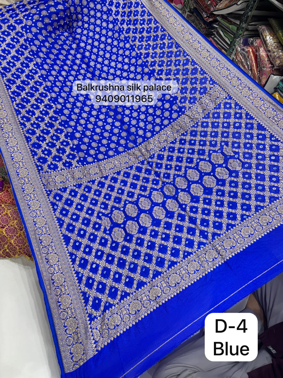 Blue Premium Hand Bandhej Silk Saree with Woven Zari Diamond Jaal & Floral Border D4