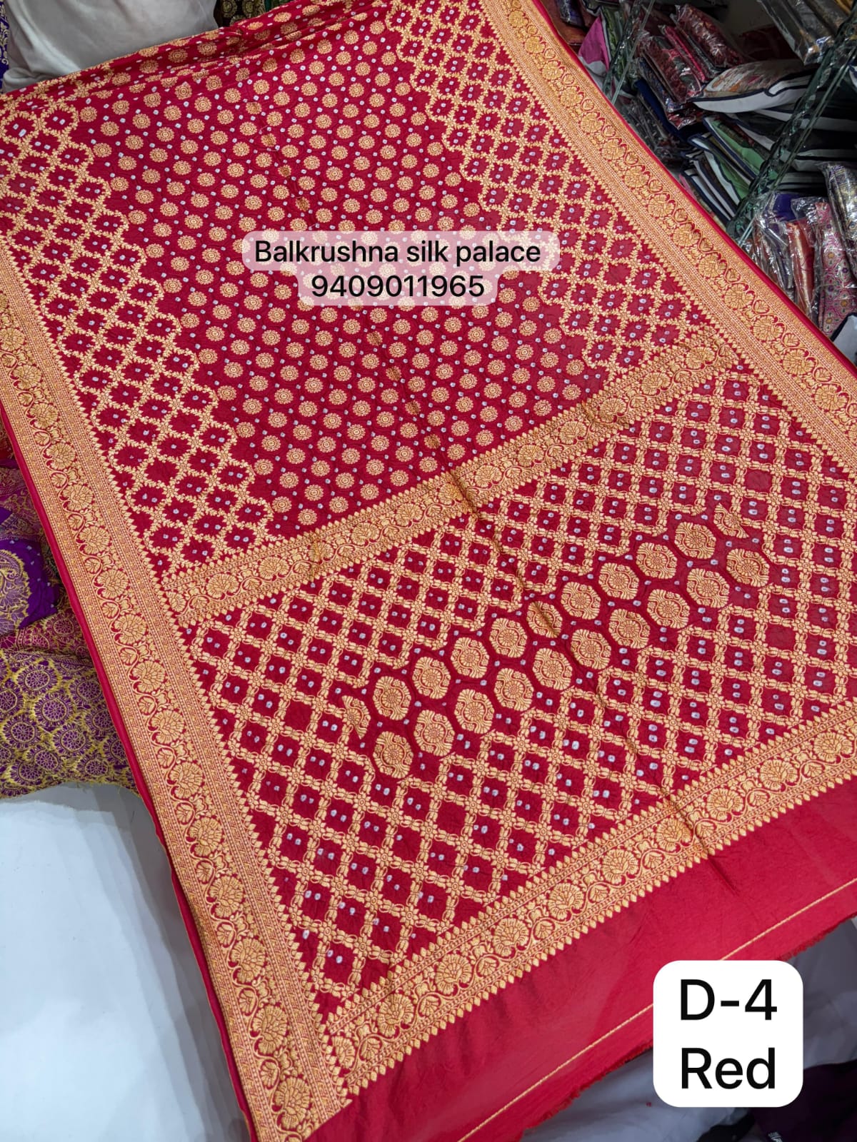 Red Premium Hand Bandhej Silk Saree with Woven Zari Diamond Jaal & Floral Border D4