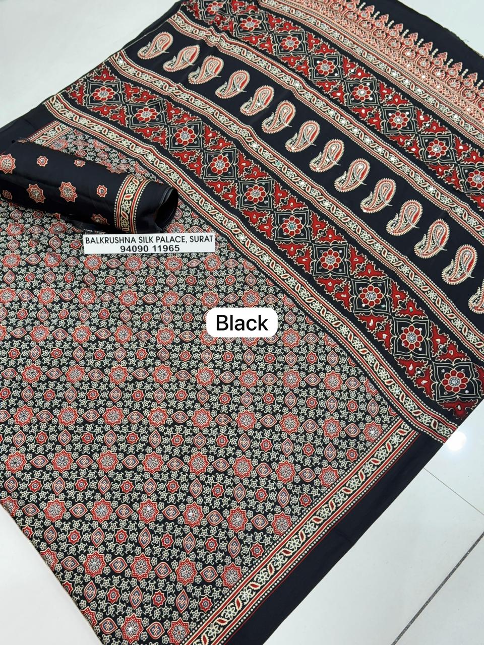 Black Premium Soft Silk Saree with Traditional Paisley Pallu & Real Mirror Work