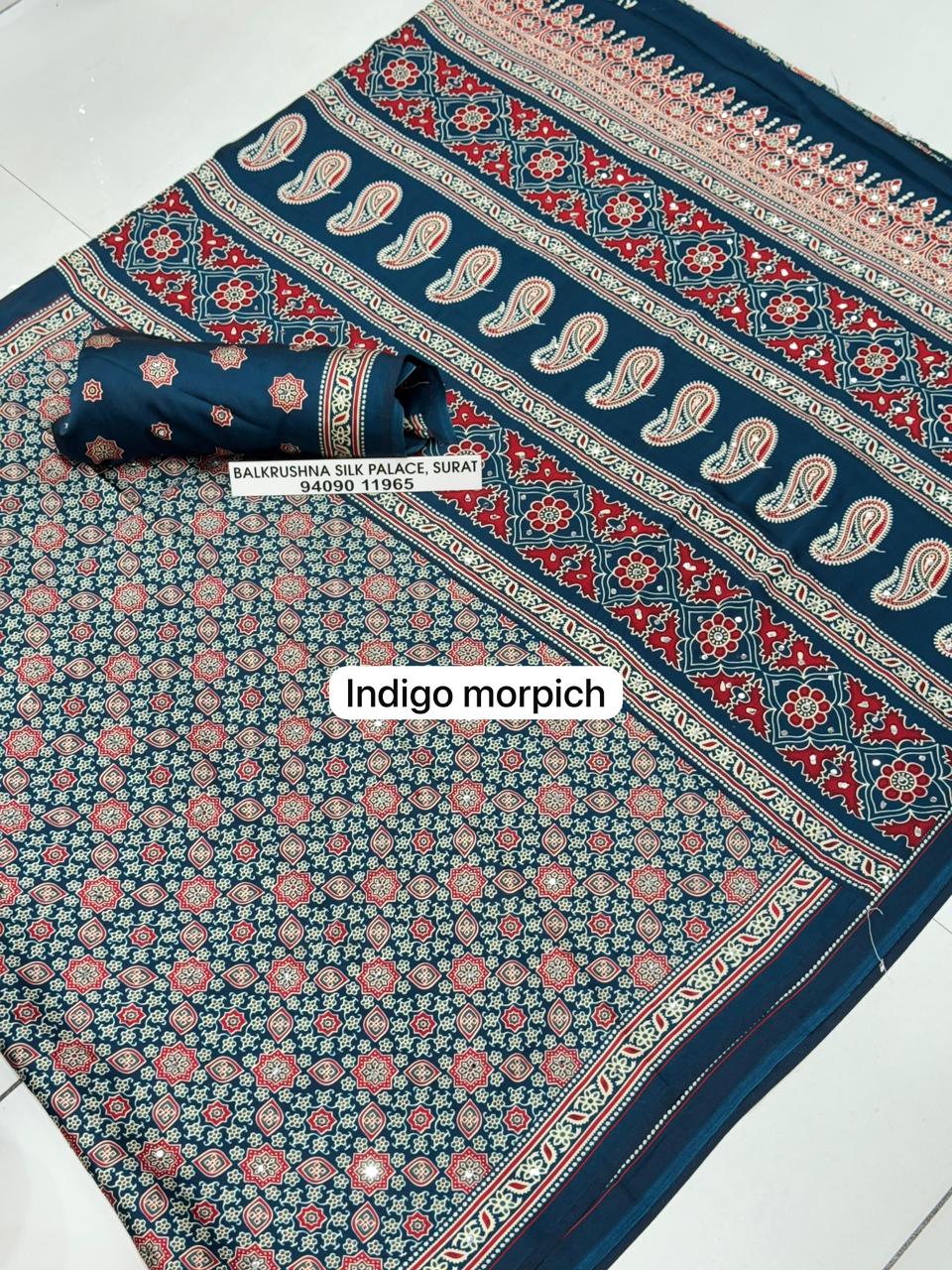 Indigo Morpich Premium Soft Silk Saree with Traditional Paisley Pallu & Real Mirror Work