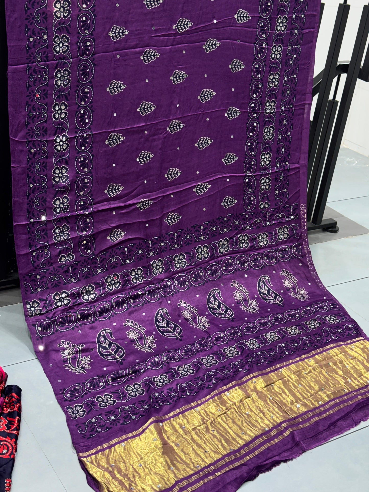 purple Batik Ajrakh Real Mirror Modal Silk Saree With Blouse