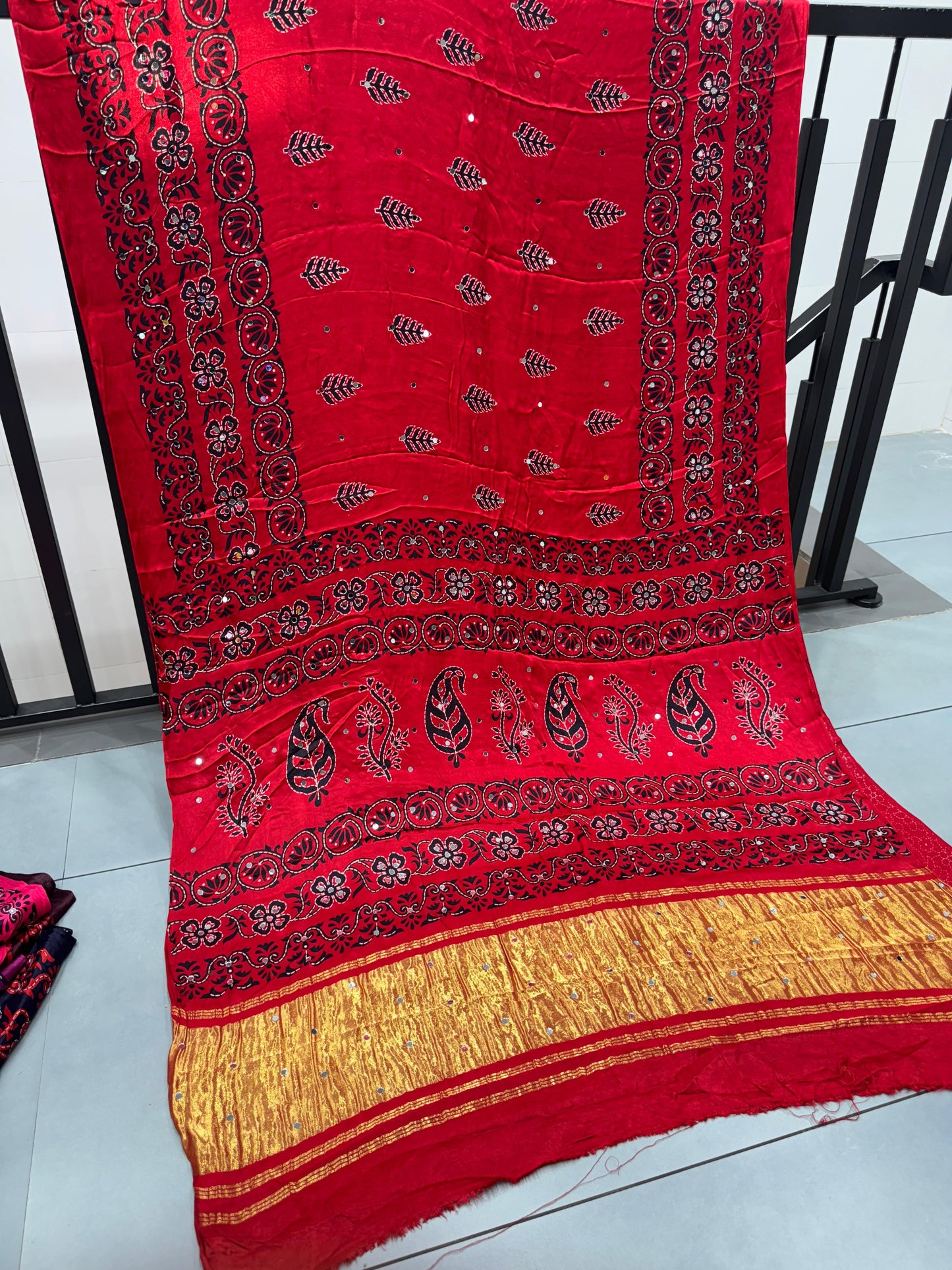 red Batik Ajrakh Real Mirror Modal Silk Saree With Blouse