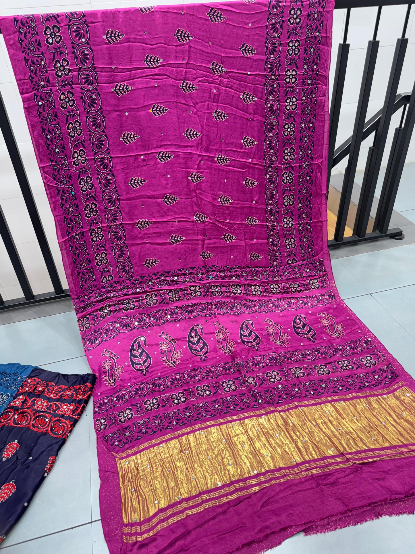 Magenta Batik Ajrakh Real Mirror Modal Silk Saree With Blouse
