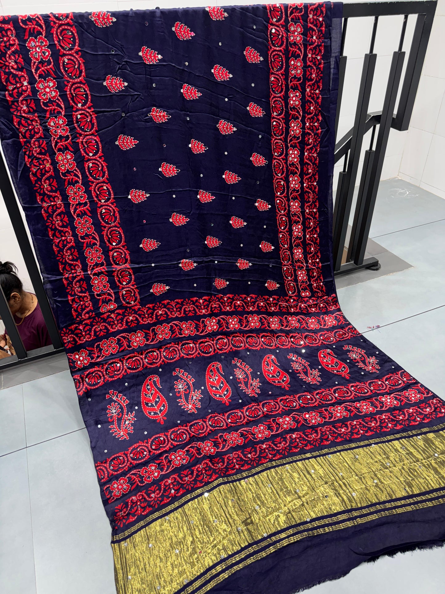 Dark Blue Batik Ajrakh Real Mirror Modal Silk Saree With Blouse
