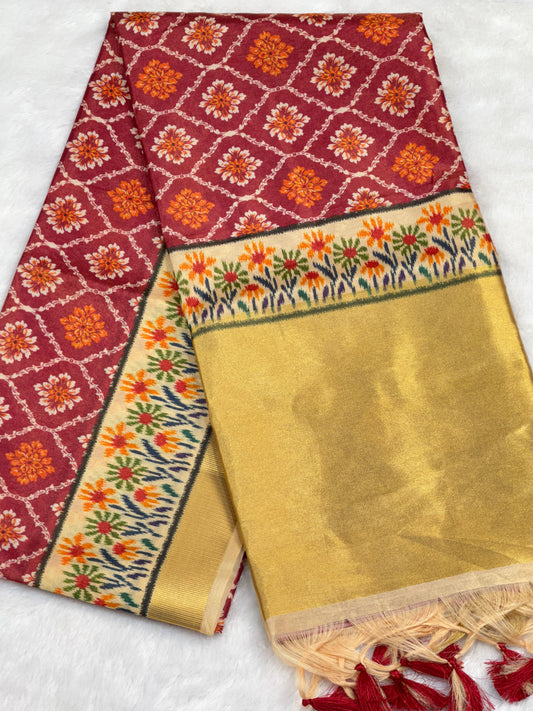 D3 Premium Real Tissue Silk Saree with Patola Kalamkari Design & Golden Zari Patto