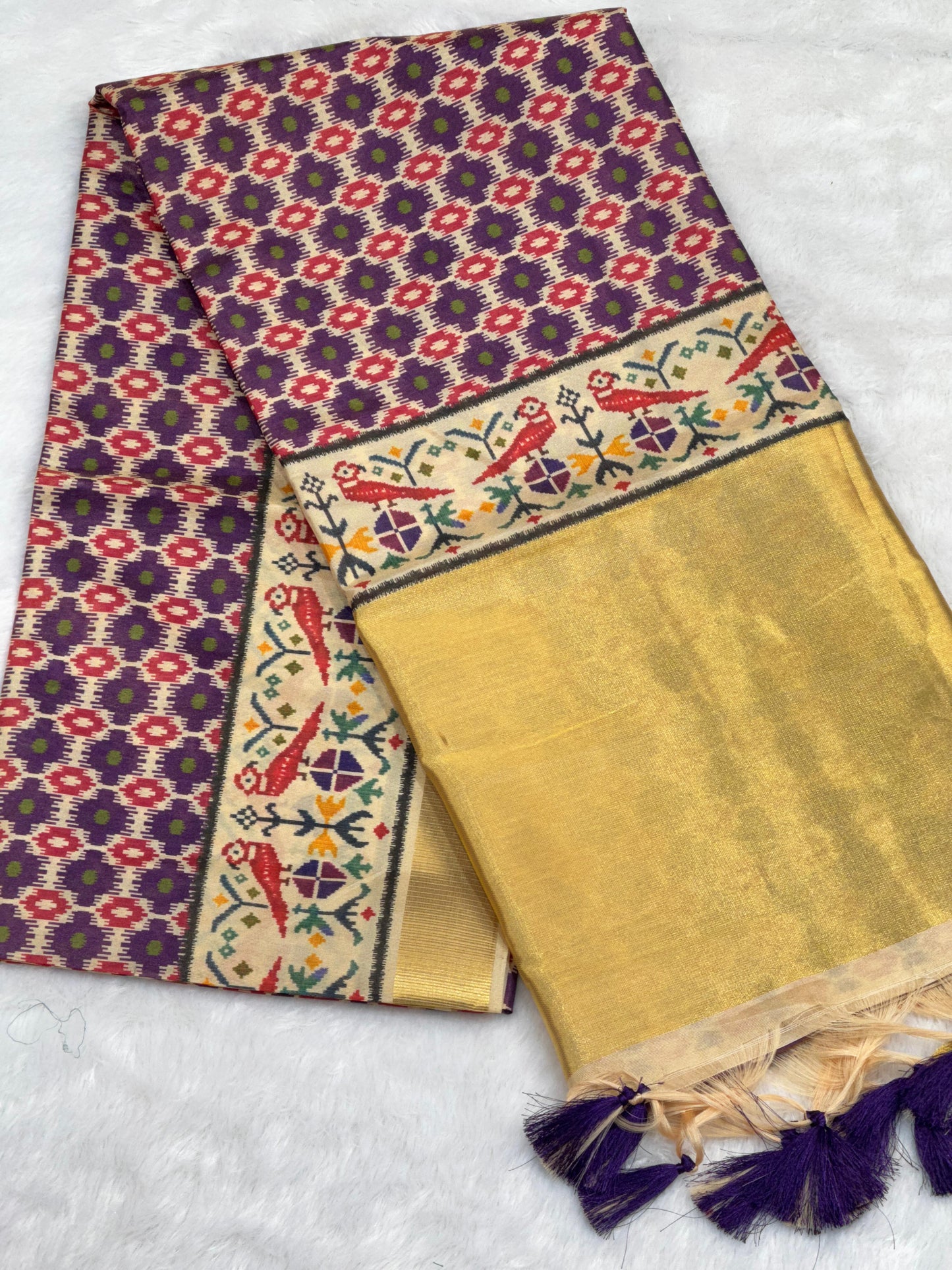 D2 Premium Real Tissue Silk Saree with Patola Kalamkari Design & Golden Zari Patto