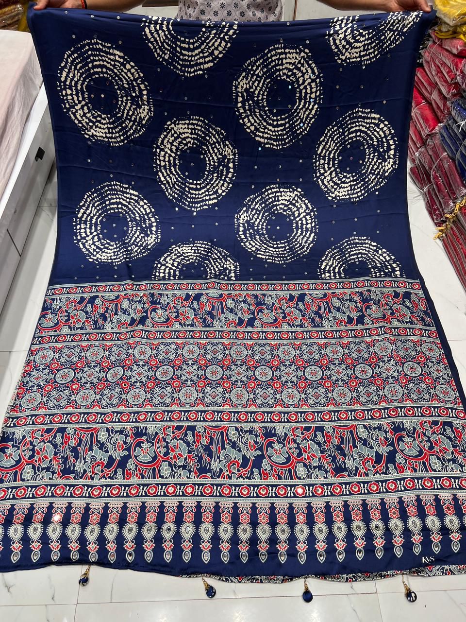 Blue Premium Gaji Modal Silk Saree – Shibori, Batik & Ajrakh Fusion with Real Mirror Work