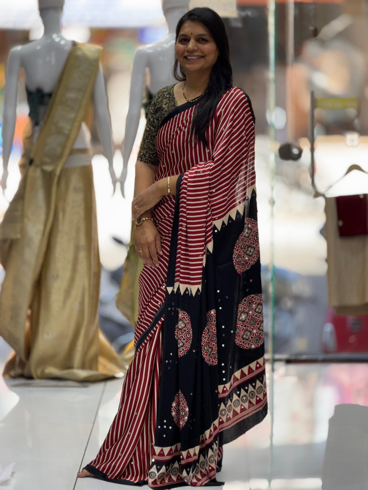 Premium Gaji Modal Silk Saree with Real Mirror Work & Ajrakh Leriya Print Black & Marron