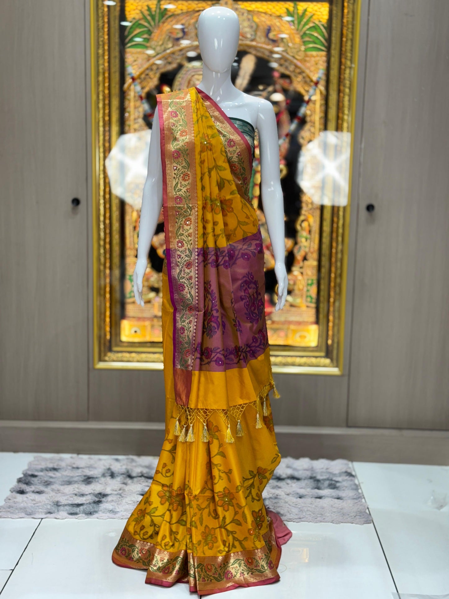 Handcrafted Pochampally Design Silk Saree with Real Zari Kasab Border Mirror Work