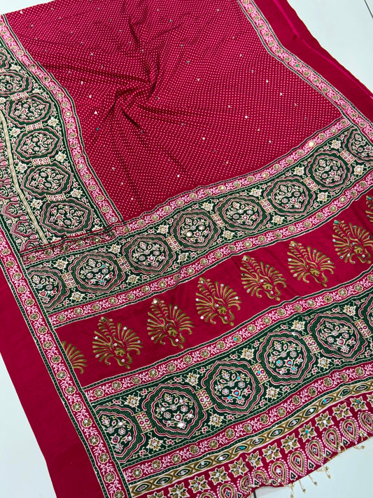 Bandhani Design Ajrakh Pallu Modal Silk Soft