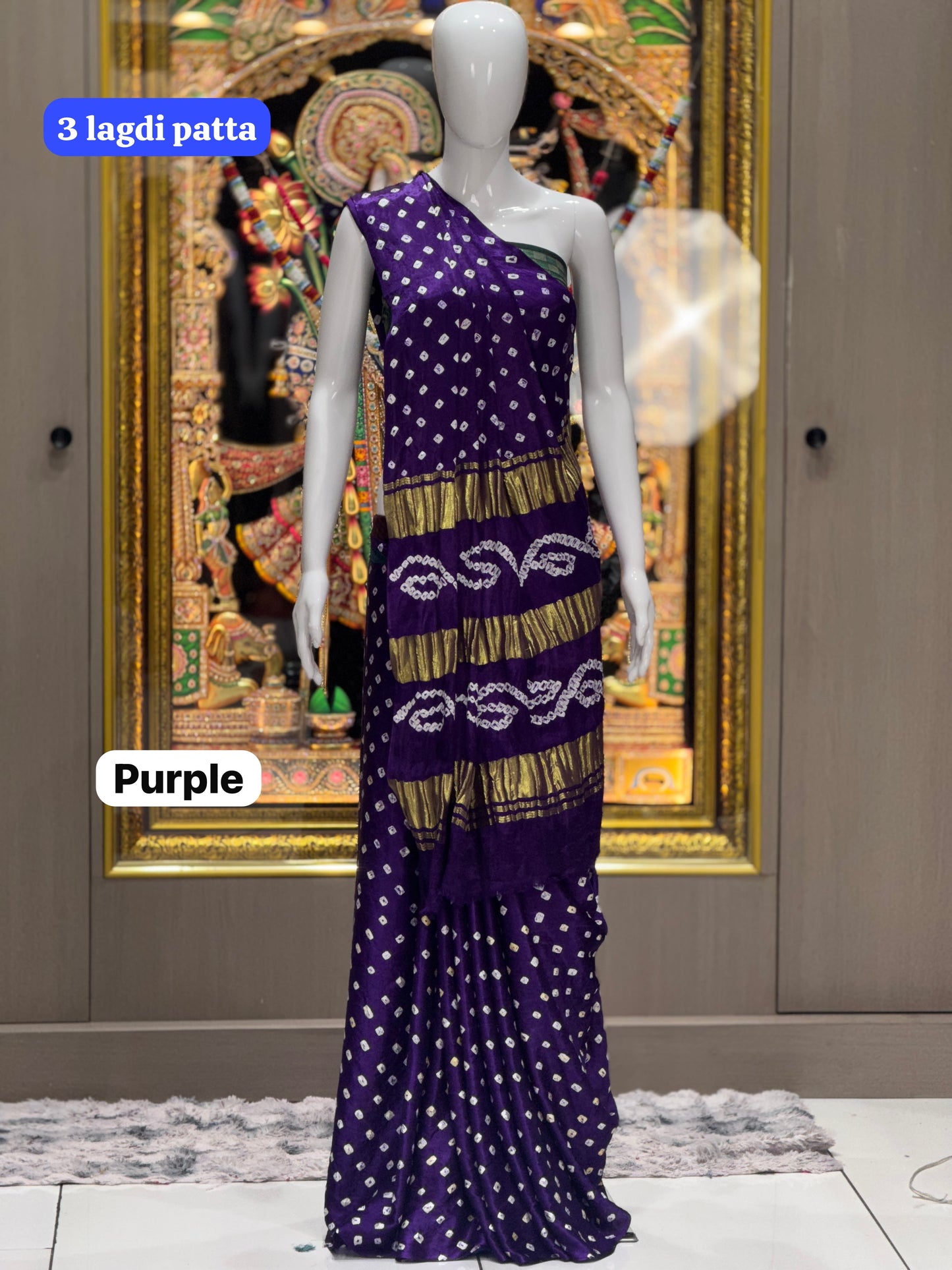 Purple Color 3 Lagdi Patta Single Dano Bandhej Saree in Smooth Gaji Silk