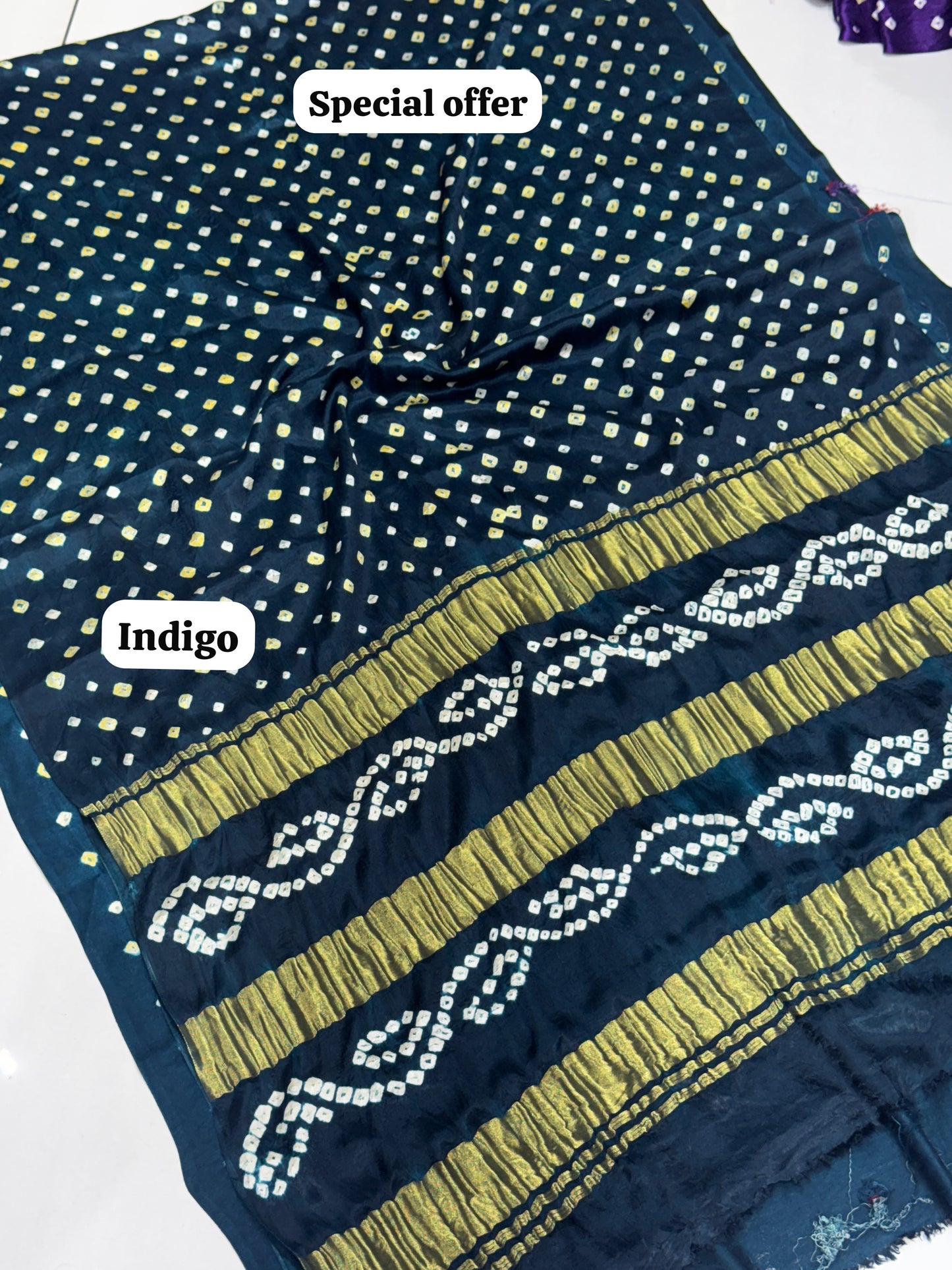 Indigo Morpich Color 3 Lagdi Patta Single Dano Bandhej Saree in Smooth Gaji Silk