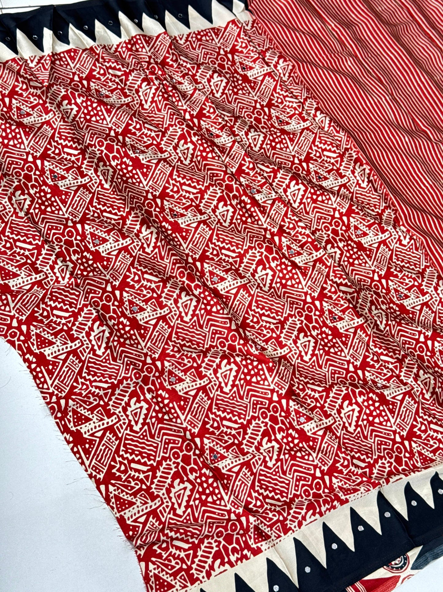 Premium Gaji Modal Silk Saree with Real Mirror Work & Ajrakh Leriya Print Black & Marron