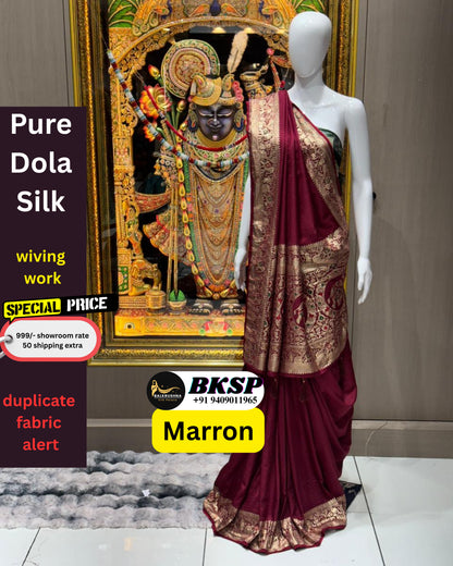 Premium Pure Dola Silk Saree with Heavy Zari Weaving & Heritage Pallu