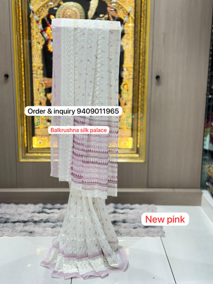 Serene White Georgette Saree with Hand-Crafted Lucknowi Chikankari Work