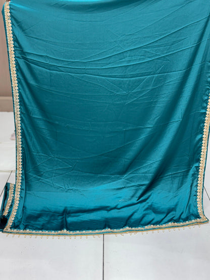 Teal Radiance Pure Satin Silk Saree with Hand-Embellished Peacock Motif Blouse