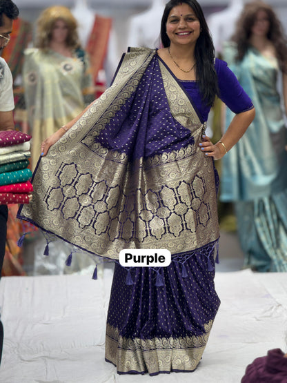 Midnight Amethyst Hand-Woven Soft Silk Saree with Antique Zari Jaal