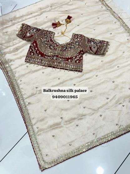 Premium Chinon Saree with Heavy Border & Butti Work | Ready Stitch XXL Blouse Included | Elegant Party Wear Saree