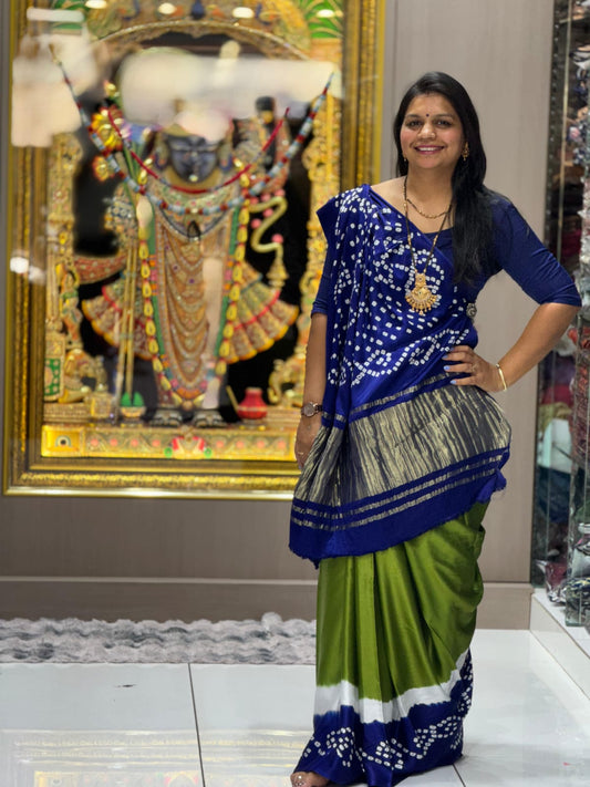 Trending 3D Blue Parrot Bandhani Saree Pyor Gaji Modal Silk