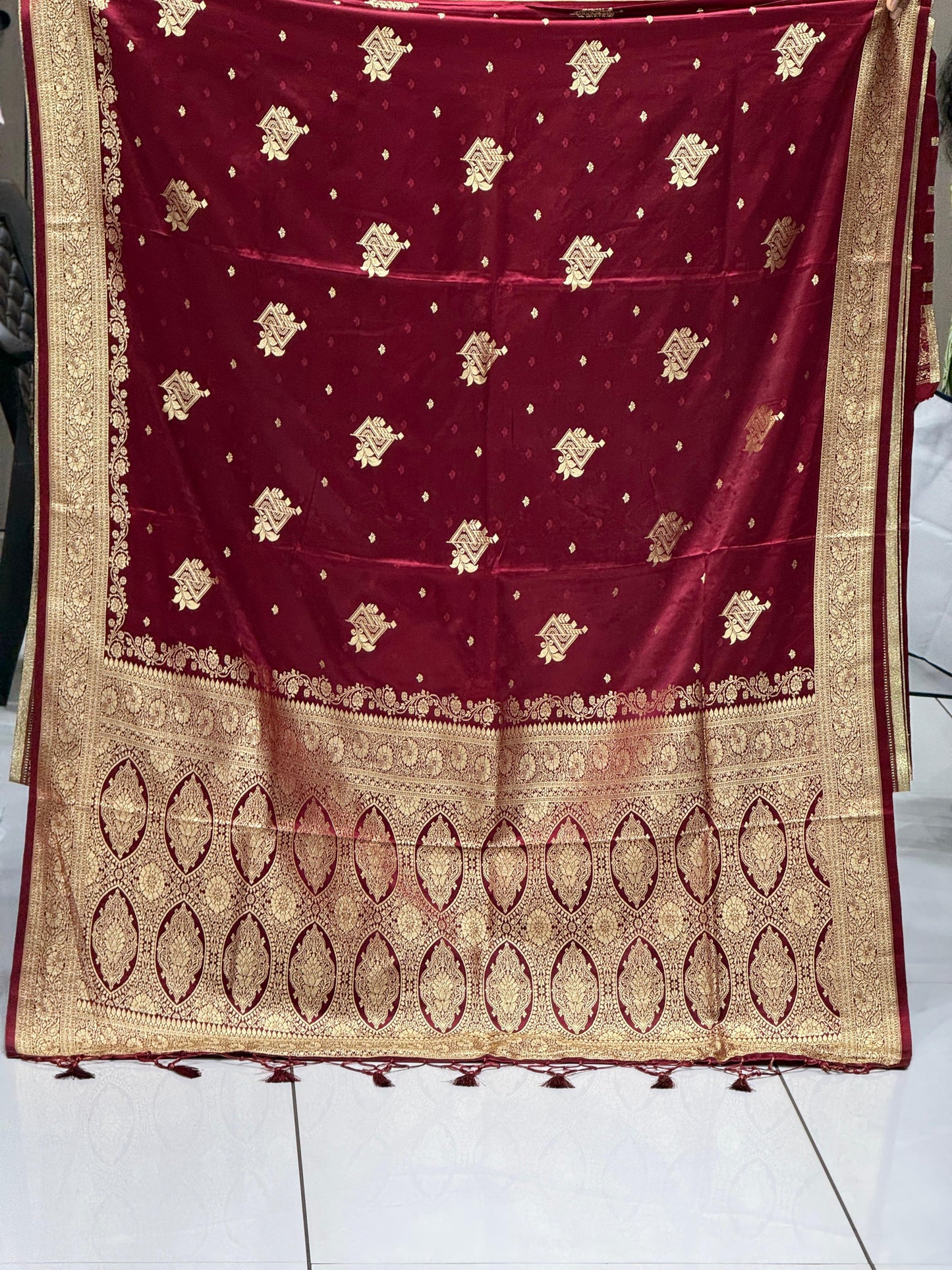 Imperial Crimson Hand-Woven Pure Satin Silk Saree with Antique Zari Heritage