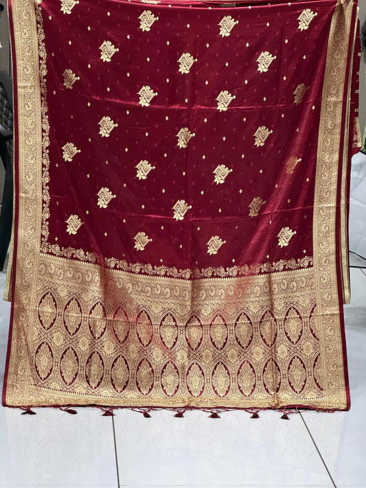 Imperial Crimson Hand-Woven Pure Satin Silk Saree with Antique Zari Heritage