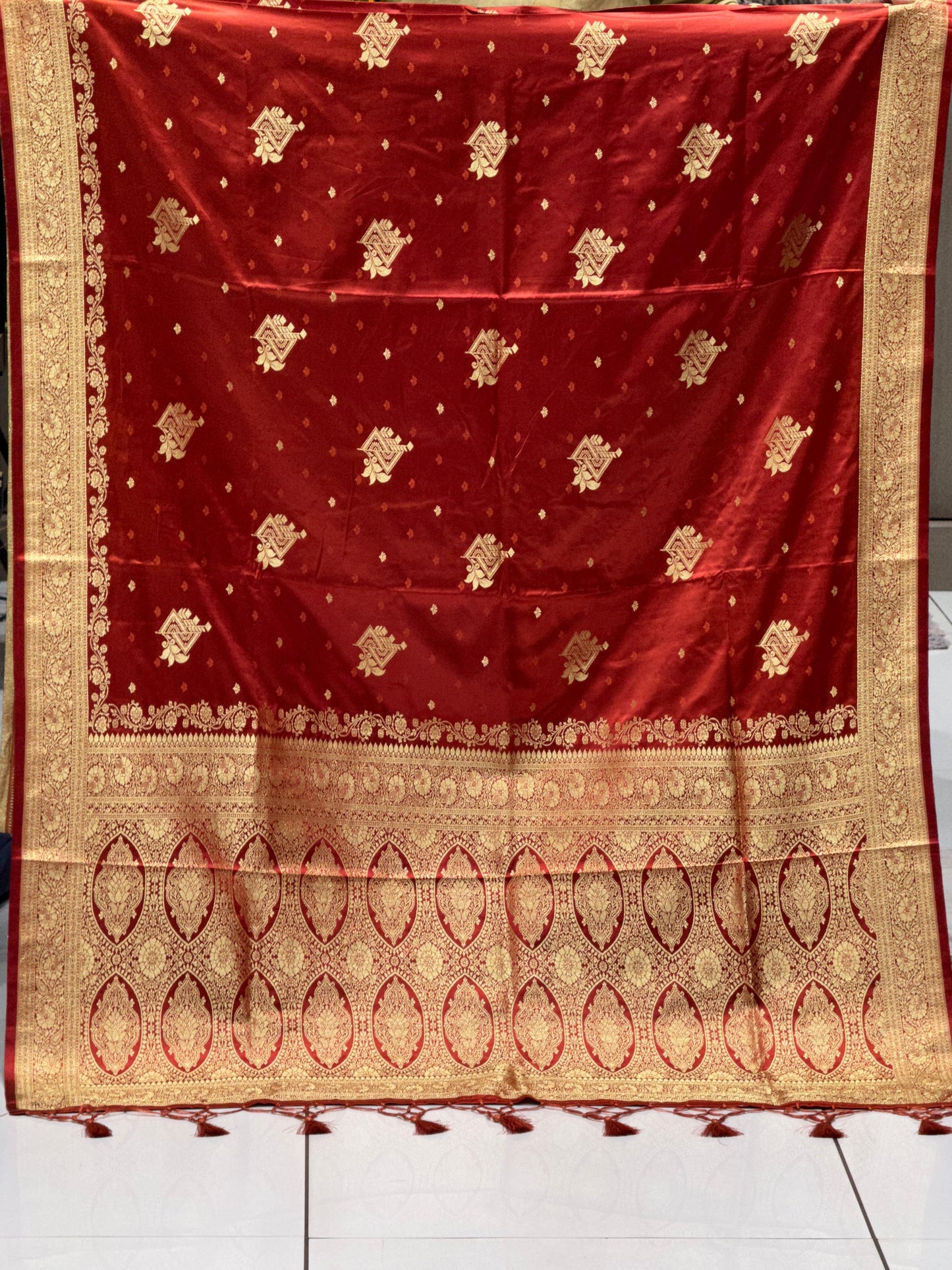 Imperial Crimson Hand-Woven Pure Satin Silk Saree with Antique Zari Heritage