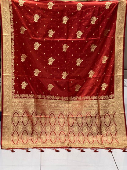 Imperial Crimson Hand-Woven Pure Satin Silk Saree with Antique Zari Heritage