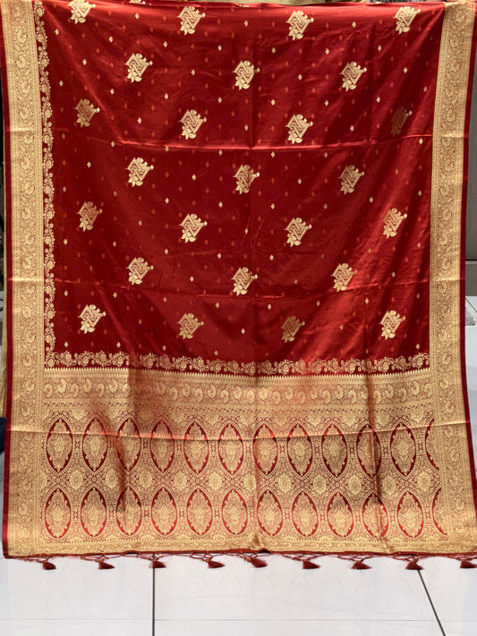 Imperial Crimson Hand-Woven Pure Satin Silk Saree with Antique Zari Heritage