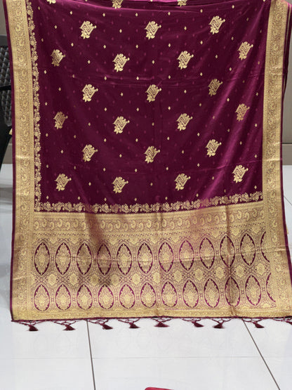 Imperial Crimson Hand-Woven Pure Satin Silk Saree with Antique Zari Heritage