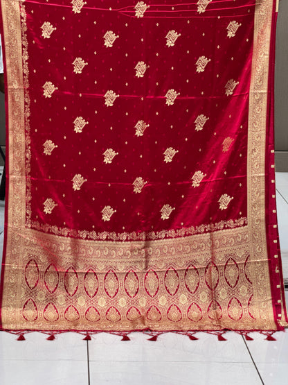 Imperial Crimson Hand-Woven Pure Satin Silk Saree with Antique Zari Heritage