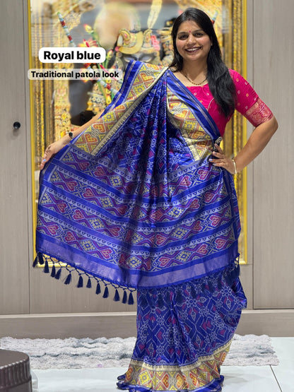 Royal Blue Pure Soft Silk Patola Saree with Real Zari Border | Traditional Manekchowk Design