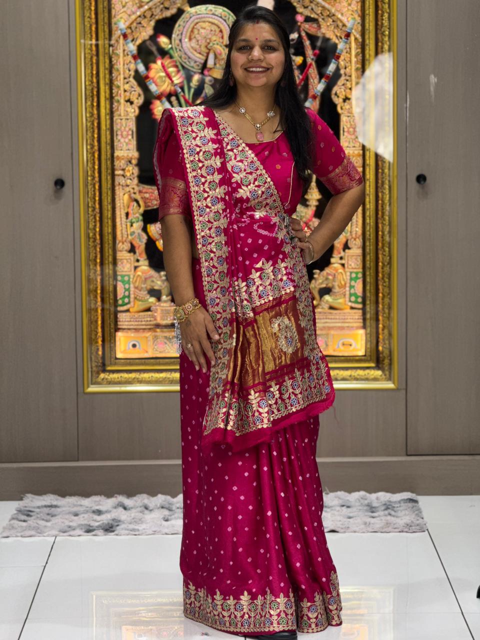 Gaji Silk Bandhani Saree with Real Gota Patti & Minakari Work | Premium Double Aari Handcrafted Saree