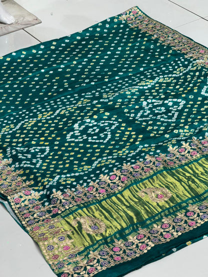 Gaji Silk Bandhani Saree with Real Gota Patti & Minakari Work | Premium Double Aari Handcrafted Saree