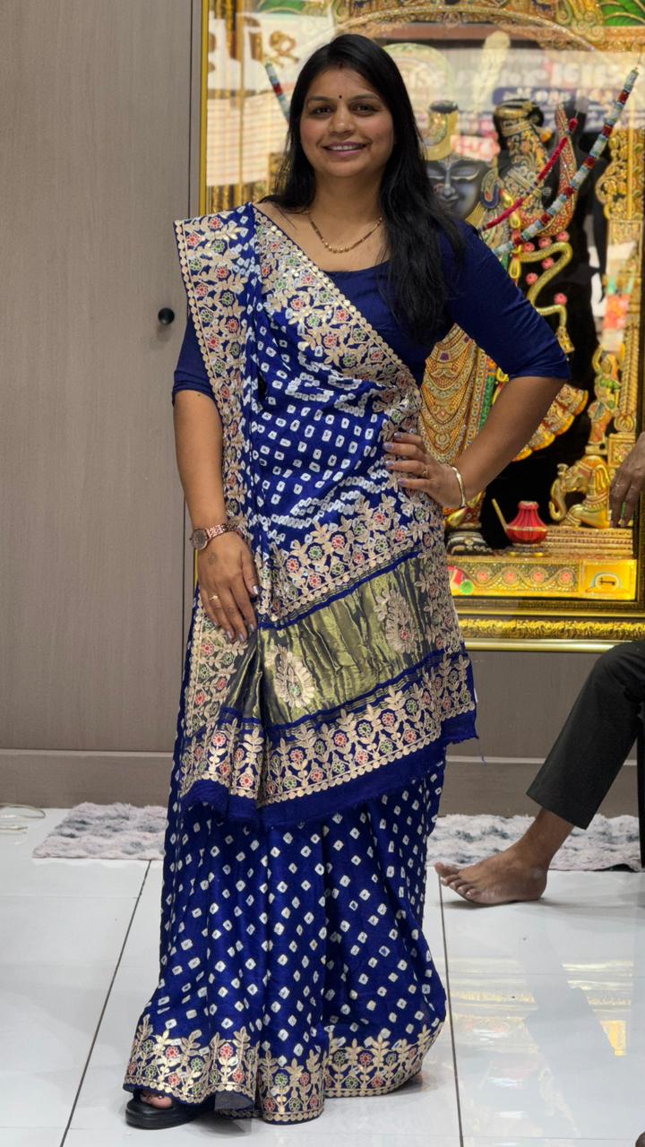 Gaji Silk Bandhani Saree with Real Gota Patti & Minakari Work | Premium Double Aari Handcrafted Saree