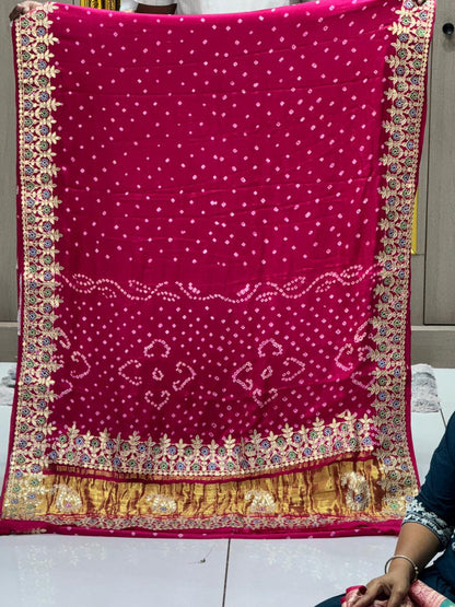 Gaji Silk Bandhani Saree with Real Gota Patti & Minakari Work | Premium Double Aari Handcrafted Saree