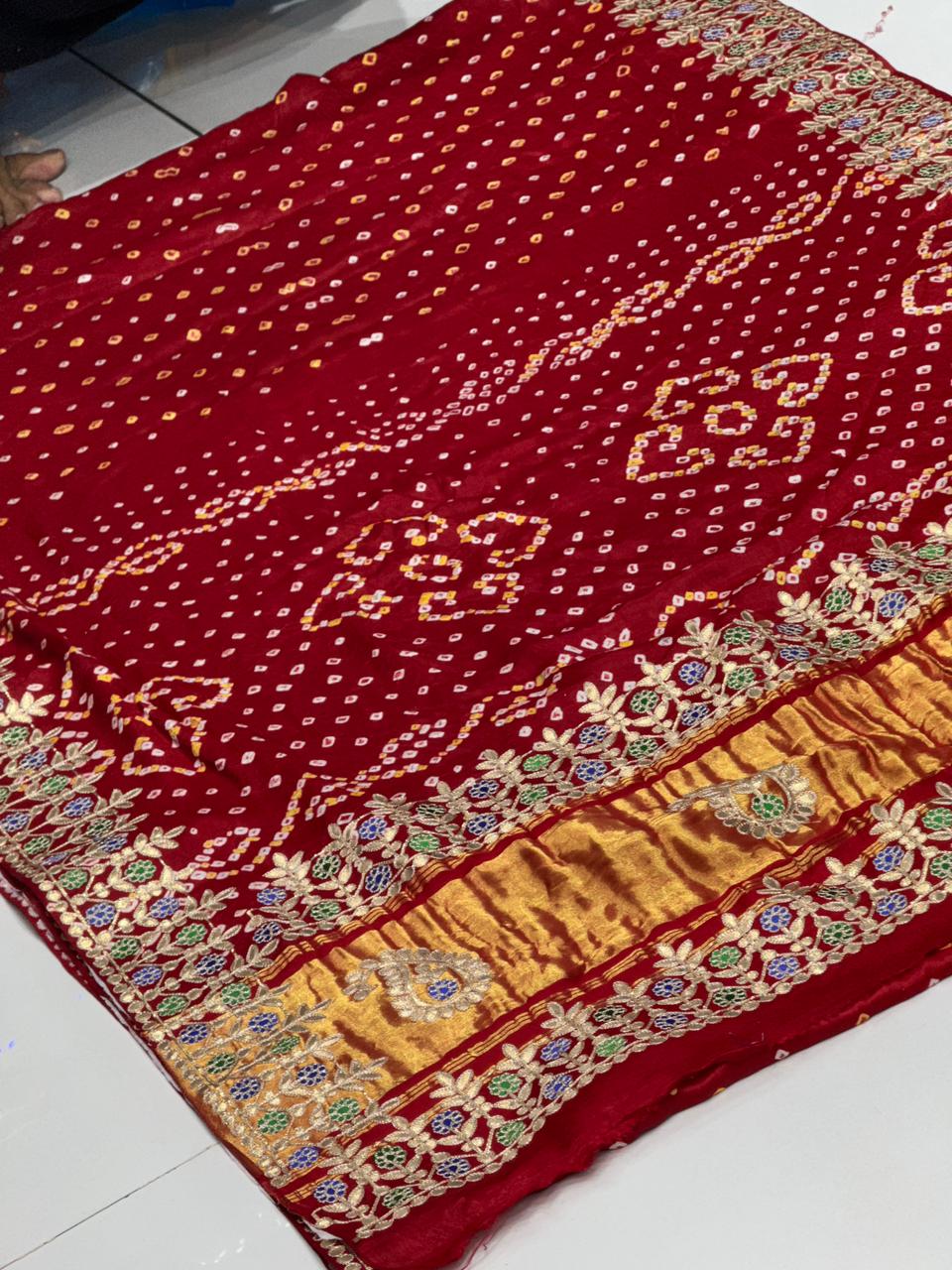 Gaji Silk Bandhani Saree with Real Gota Patti & Minakari Work | Premium Double Aari Handcrafted Saree
