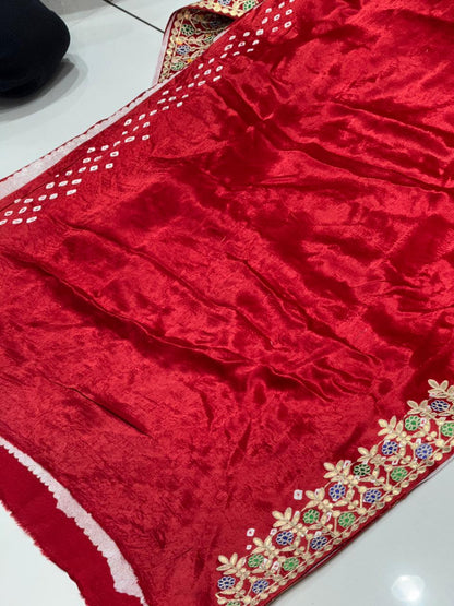 Gaji Silk Bandhani Saree with Real Gota Patti & Minakari Work | Premium Double Aari Handcrafted Saree