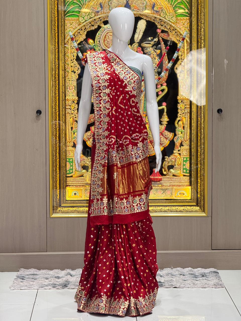 Gaji Silk Bandhani Saree with Real Gota Patti & Minakari Work | Premium Double Aari Handcrafted Saree