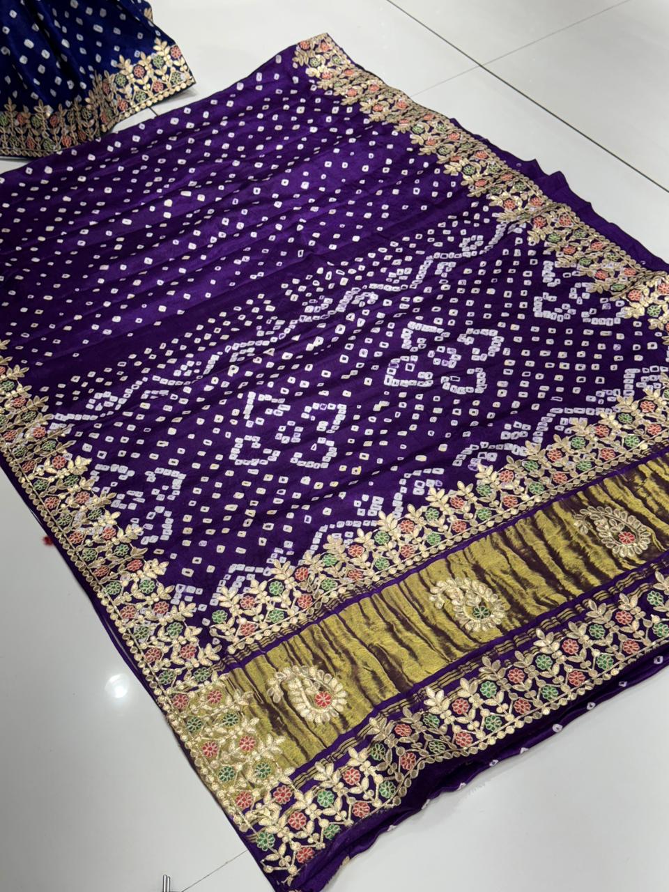 Gaji Silk Bandhani Saree with Real Gota Patti & Minakari Work | Premium Double Aari Handcrafted Saree