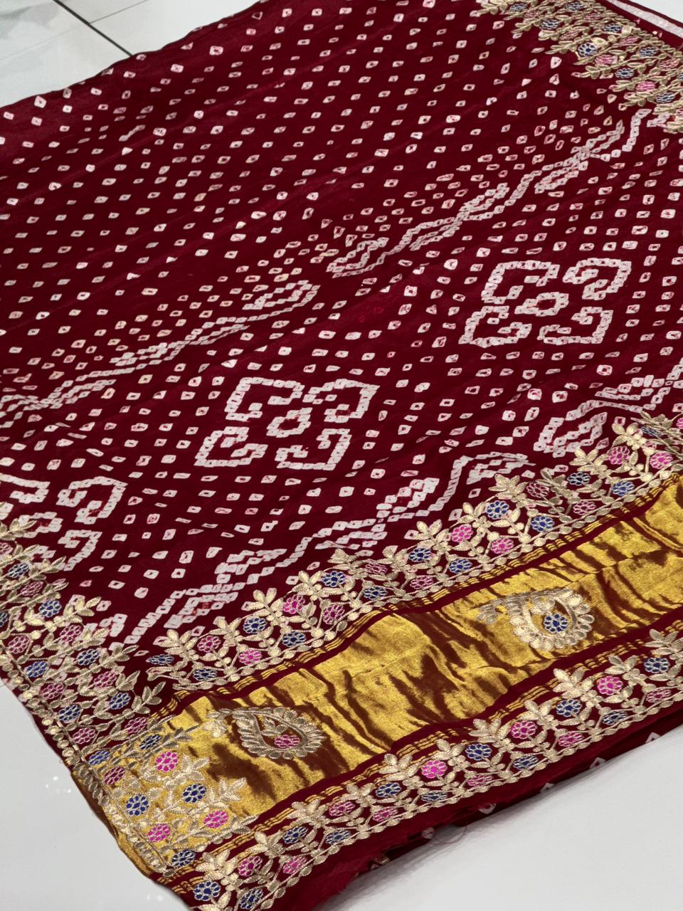 Gaji Silk Bandhani Saree with Real Gota Patti & Minakari Work | Premium Double Aari Handcrafted Saree