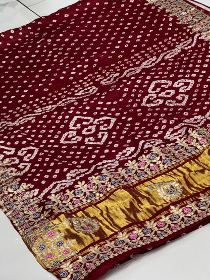 Gaji Silk Bandhani Saree with Real Gota Patti & Minakari Work | Premium Double Aari Handcrafted Saree